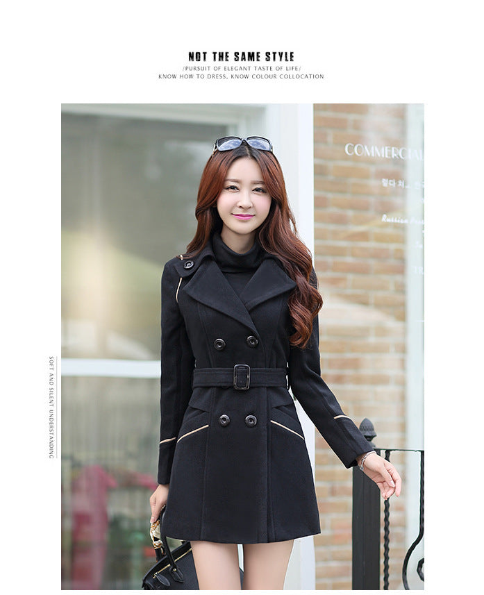 Women’s Double-Breasted Mid-Length Wool Coat with Belt