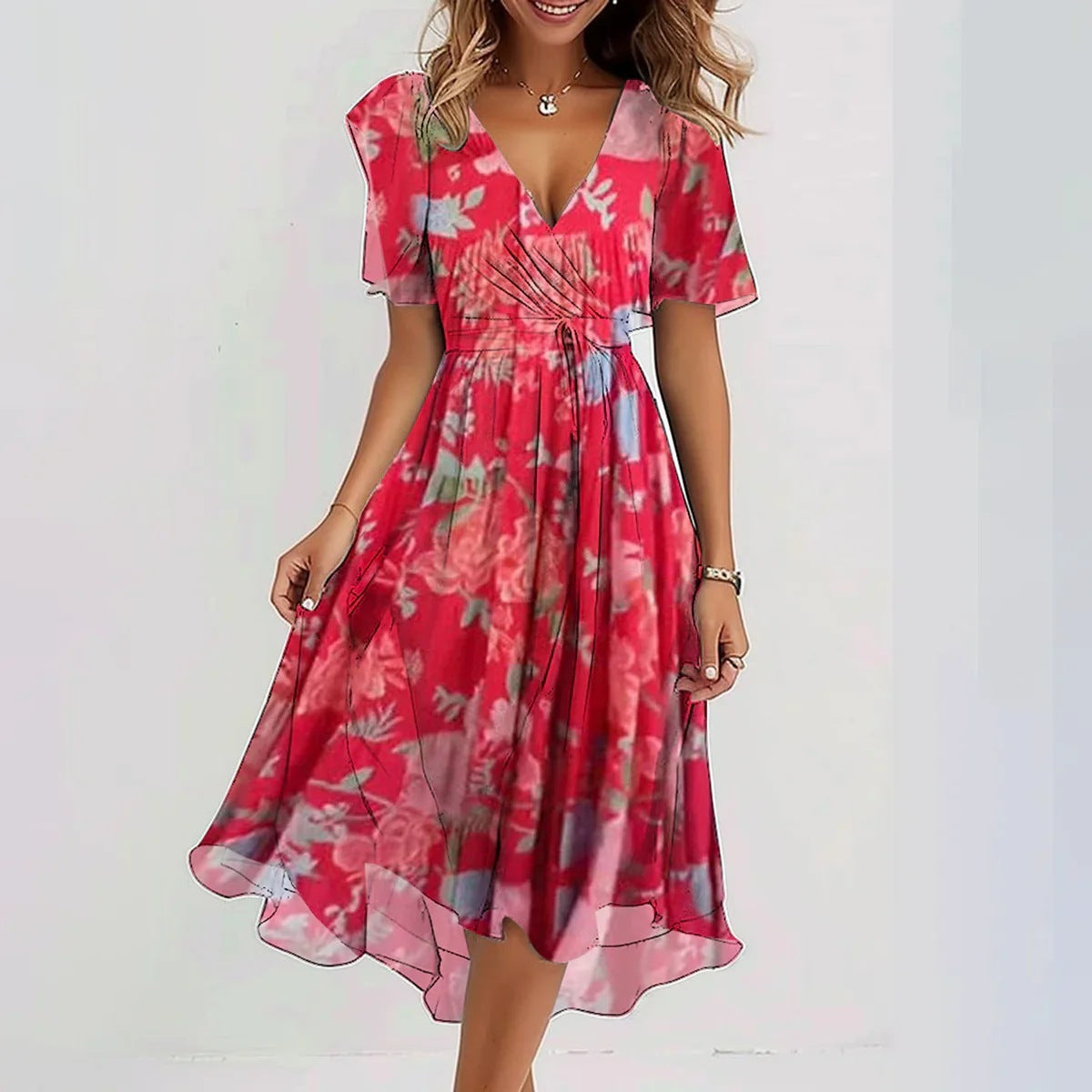 Women's Chiffon V-Neck Short Sleeve Midi Dress