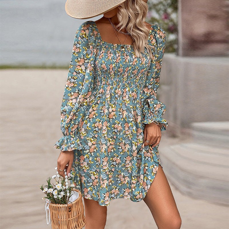 Women's Fashionable All-match Beach Print Square Collar High Waist Casual Dress