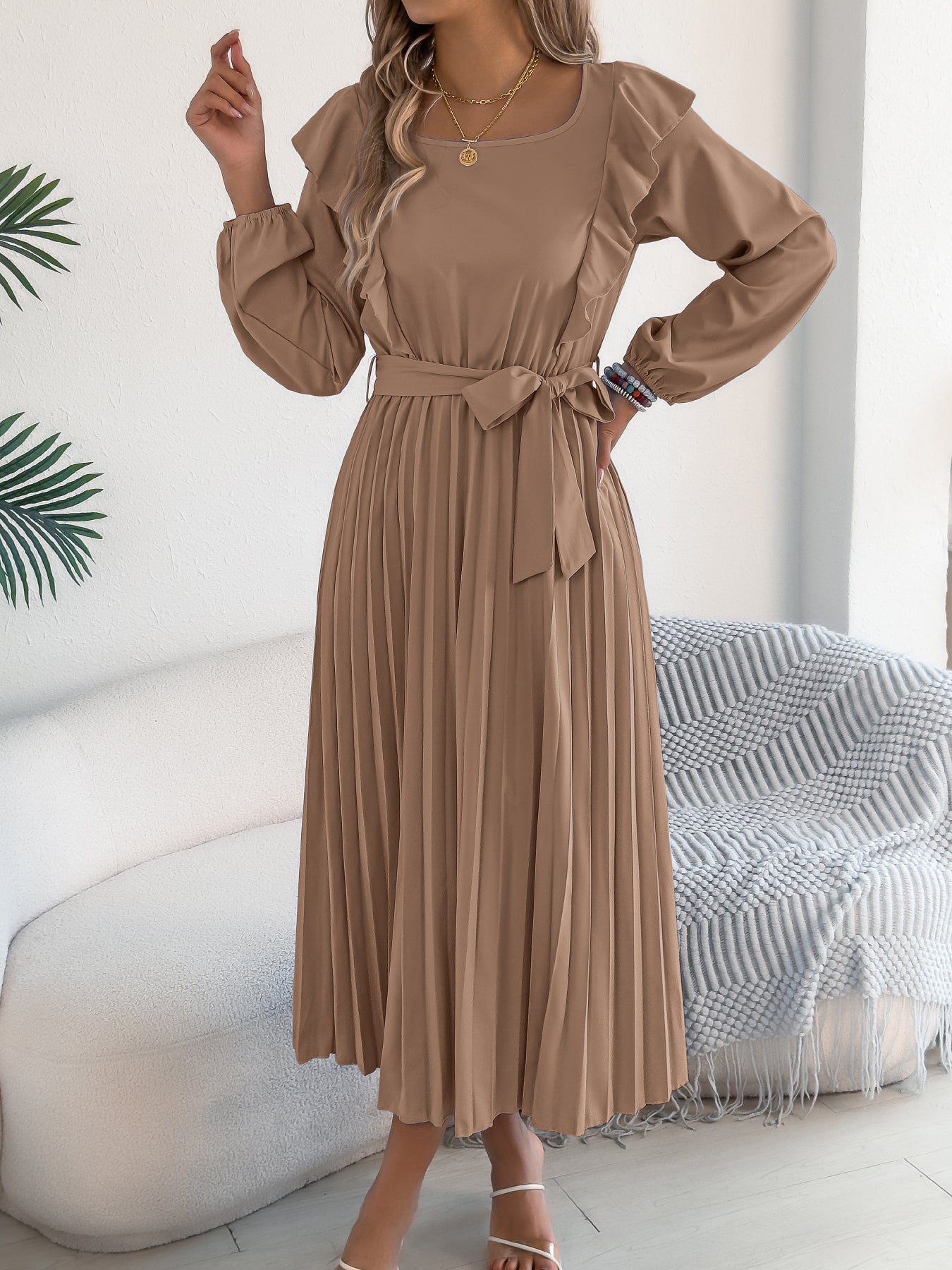 Women's Elegant Ruffle Trim Square Neck Long Sleeve Tie Waist Pleated Dress