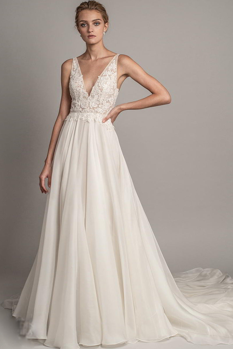 Women's V-Neck Chiffon Wedding Dress with Lace and Train S-XL - Wazzi's Wear