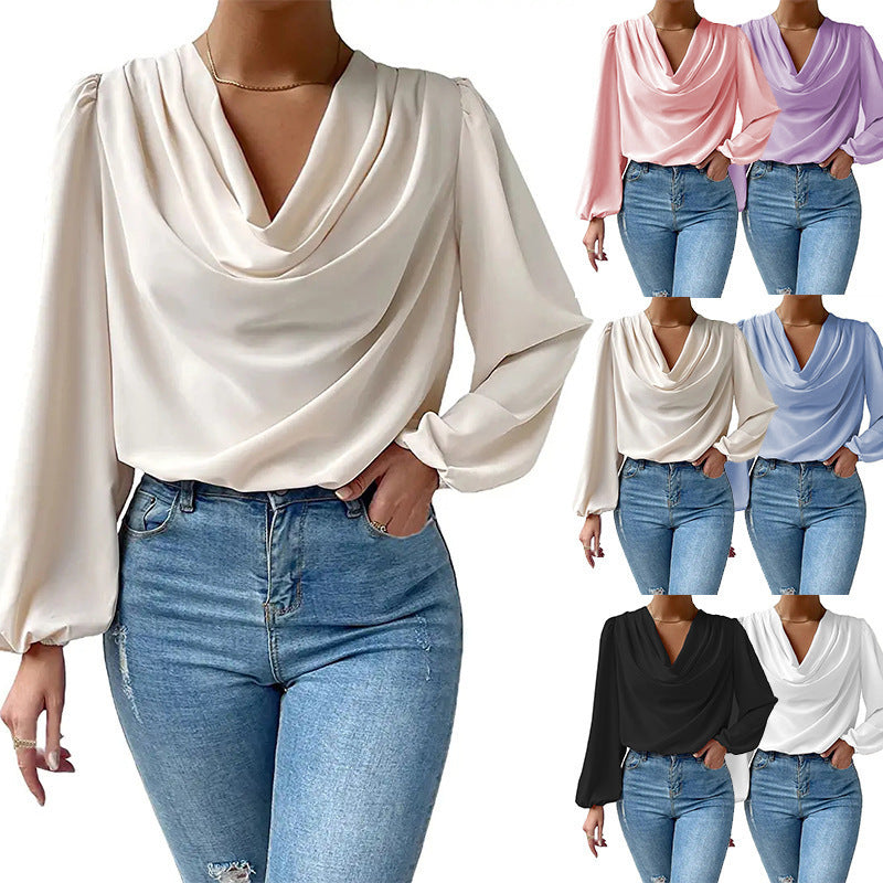 Women’s Elegant Chiffon Cowl Neck Long Sleeve Blouse