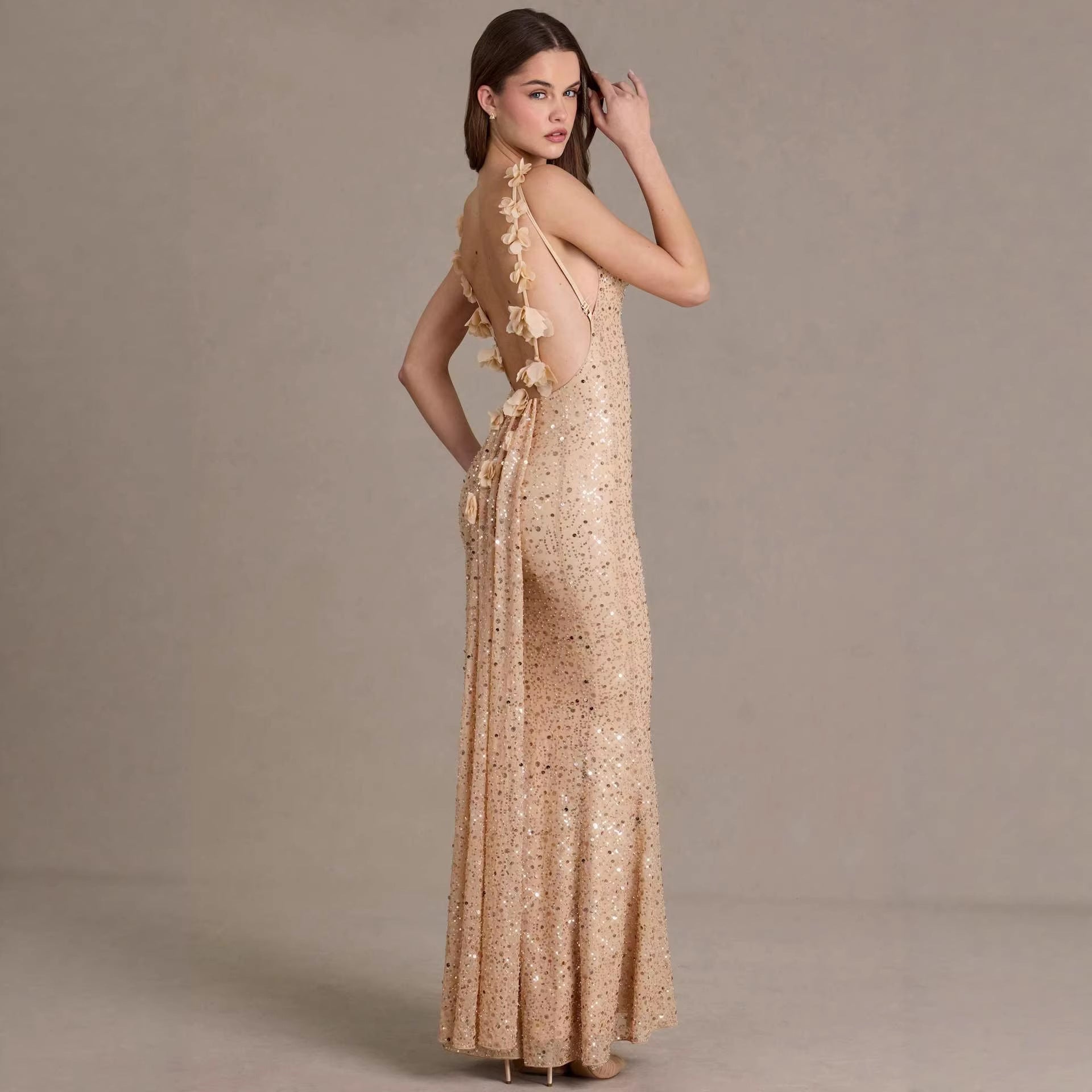 Sequin-beaded Tube Strap Backless Slim-fit Mermaid Maxi Dress