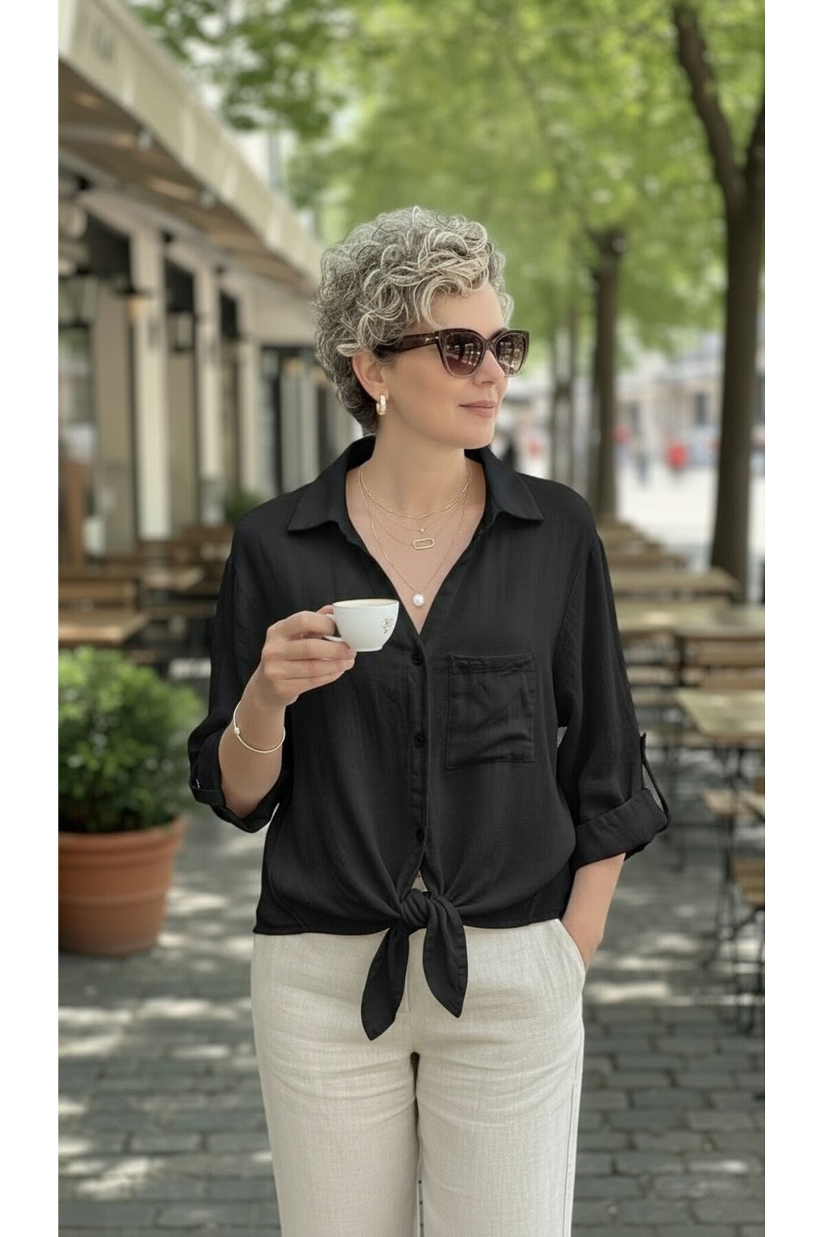 Solid-color Buttoned V-neck Casual Versatile Lace-up Shirt
