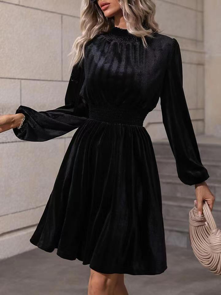 Women's Mock Neck Velvet Midi Dress, Smocked Waist Long Sleeve Casual Dress