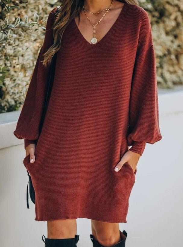 Women's Autumn And Winter New Style Solid Color Pocket Sweater Dress