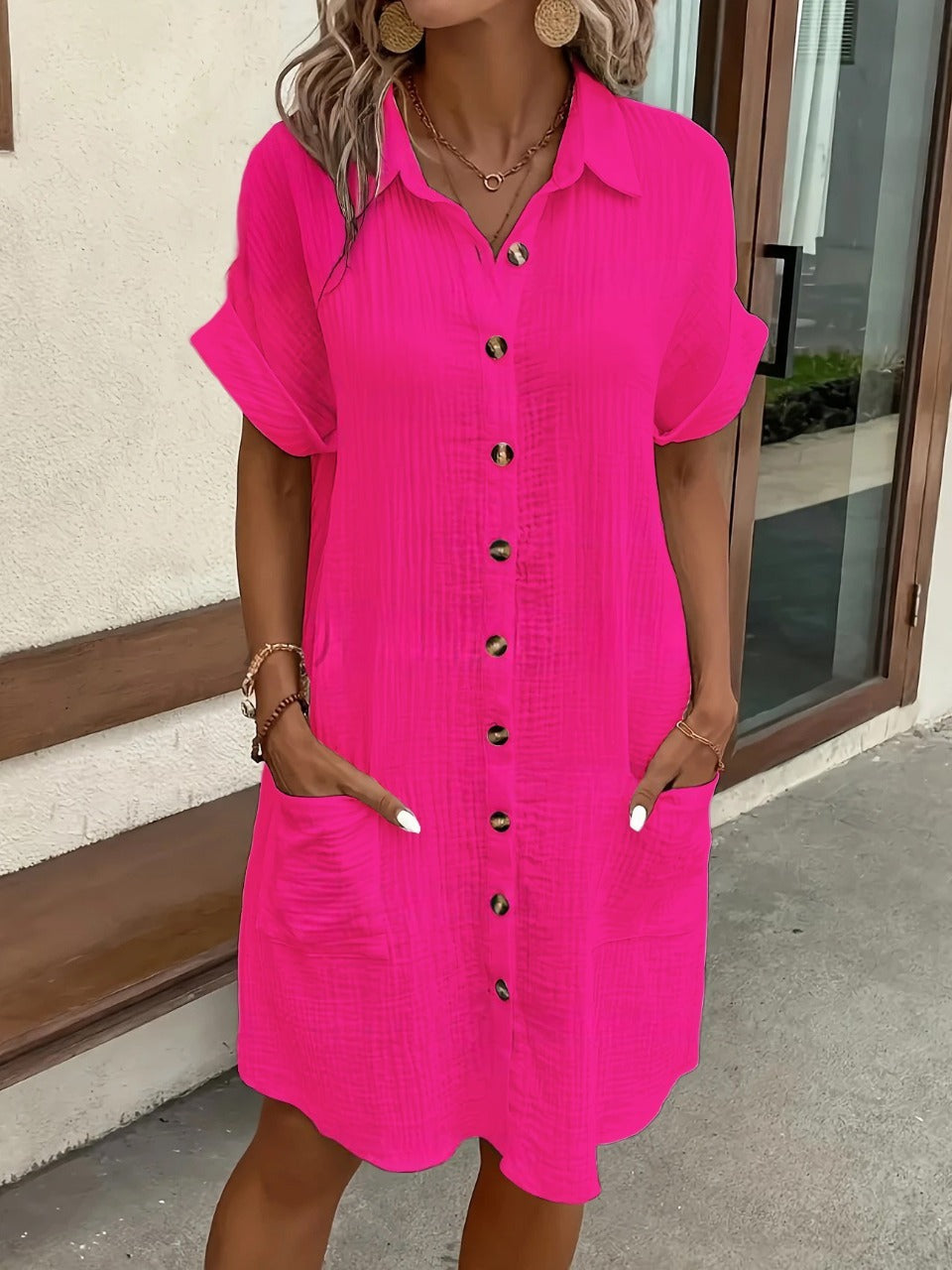 Solid Color Linen Cotton Button Down Loose Shirt Dress