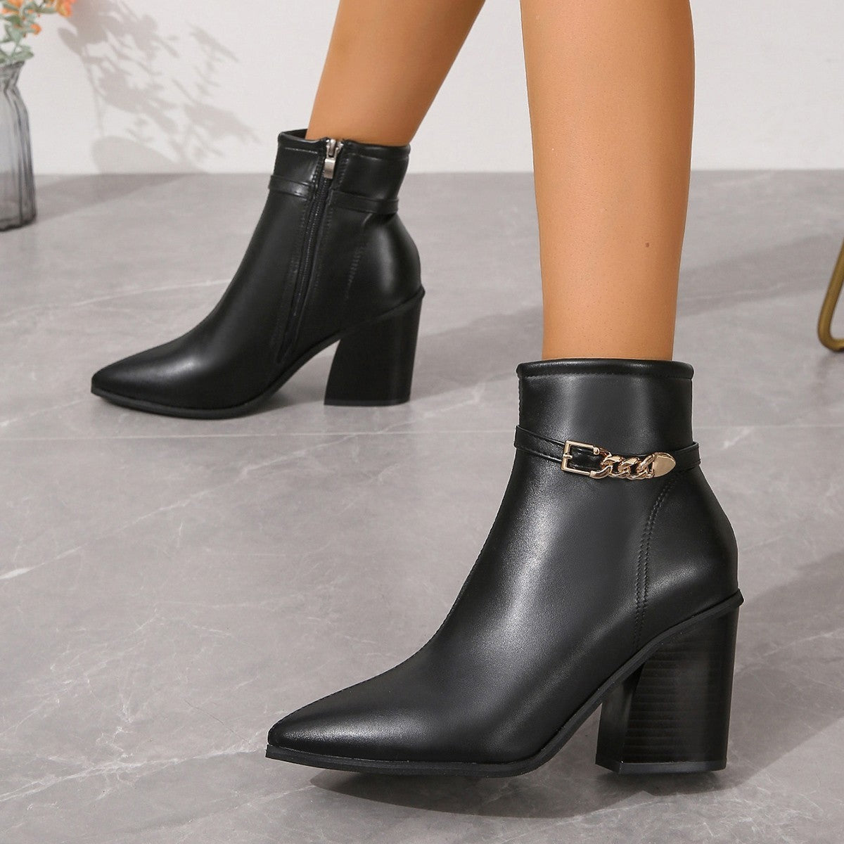 Women's Pointed Toe Chunky Heel Ankle Boots