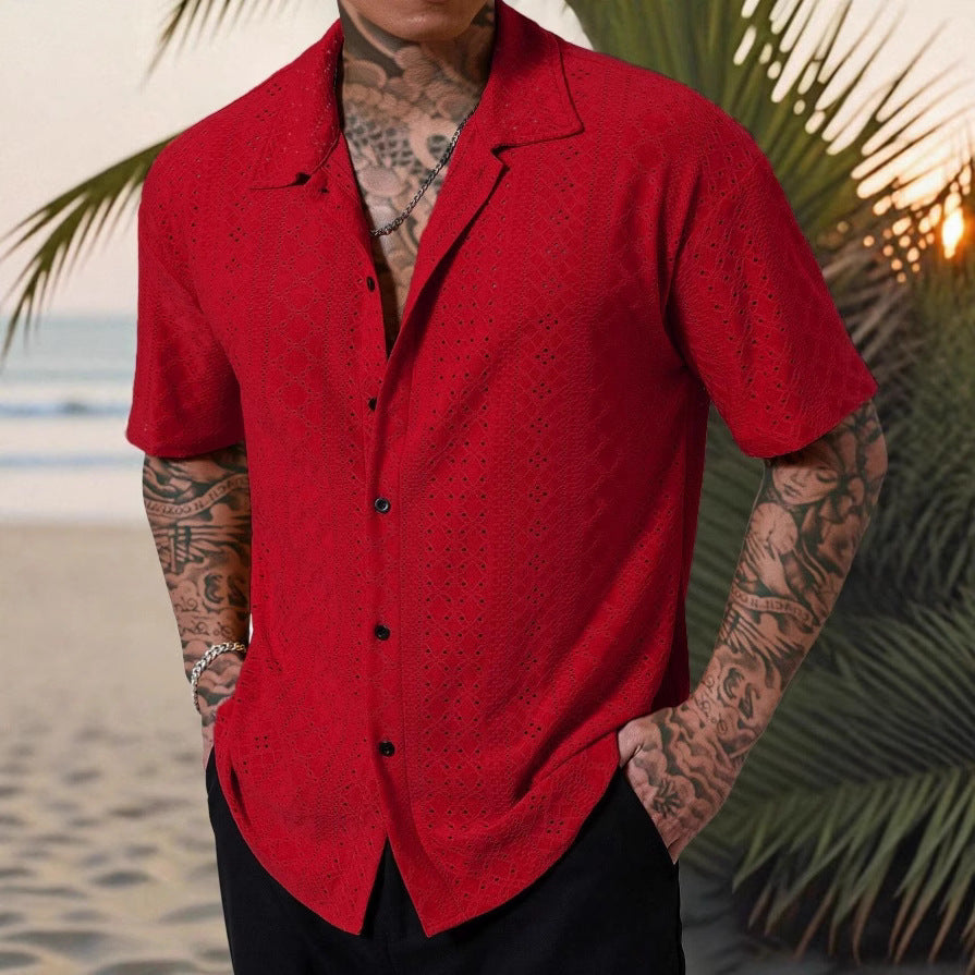 Mens Versatile Hollow-Out Jacquard Casual Shirt