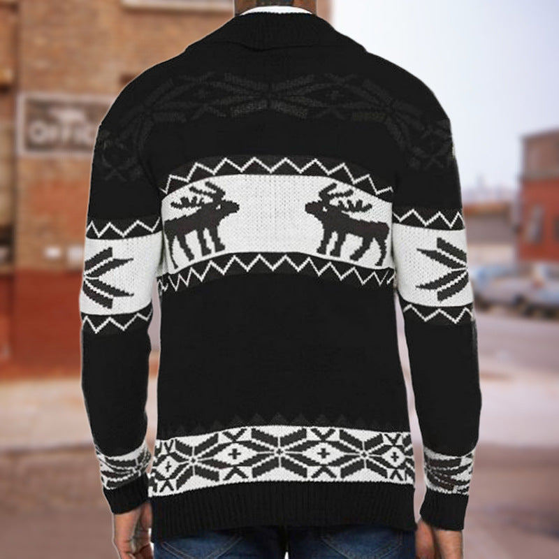 Men's black Christmas jacquard sweater cardigan with reindeer and snowflake patterns