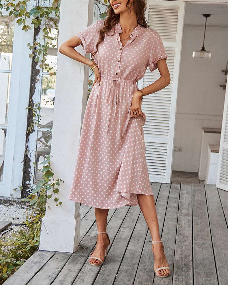 Women’s Polka Dot Short Sleeve Midi Dress with Waist Tie