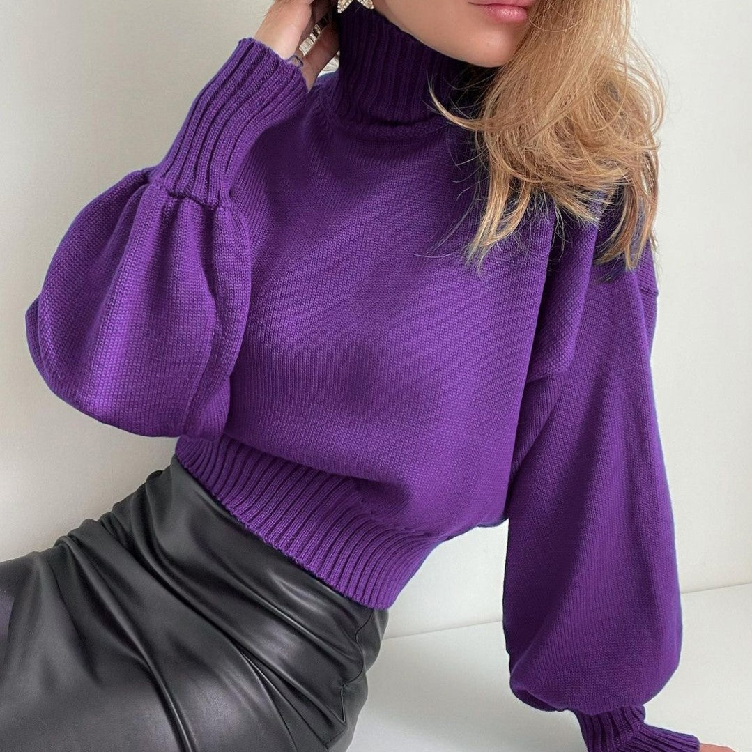 Women’s Solid Color Puff Sleeve Turtleneck Sweater in 7 Colors S-XL - Wazzi's Wear