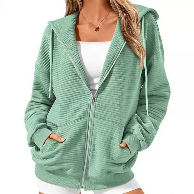 Women's Ribbed Long Sleeve Zippered Hoodie with Pockets