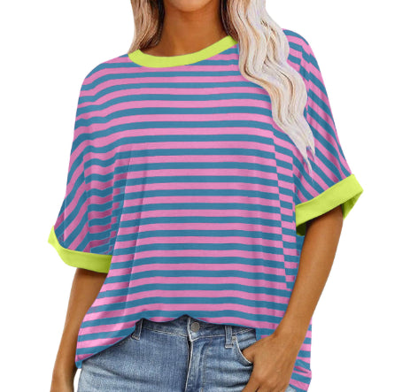 Striped Crewneck Trendy Short-sleeve Color-block Pullover
