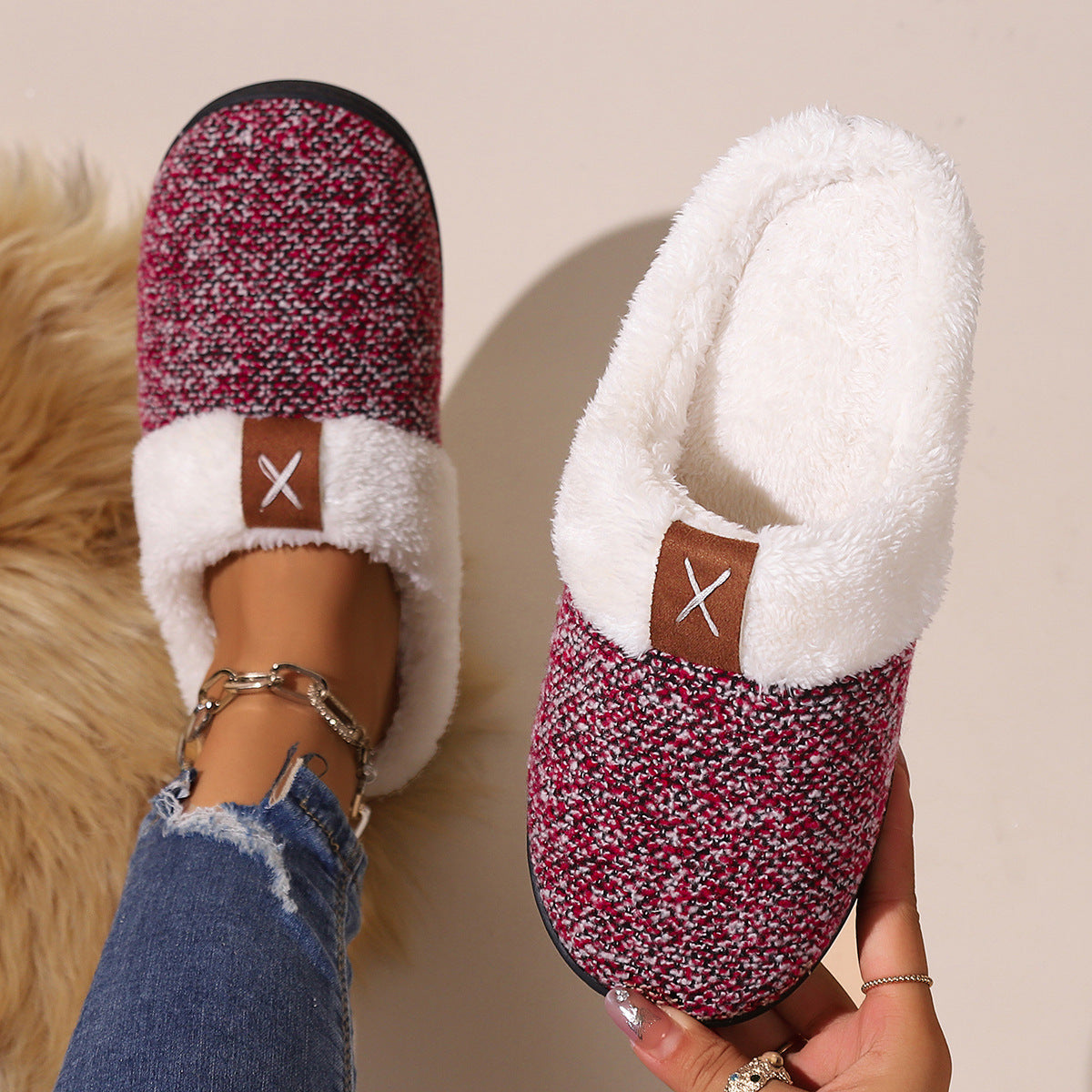 Open Heel Thick Plush Slippers