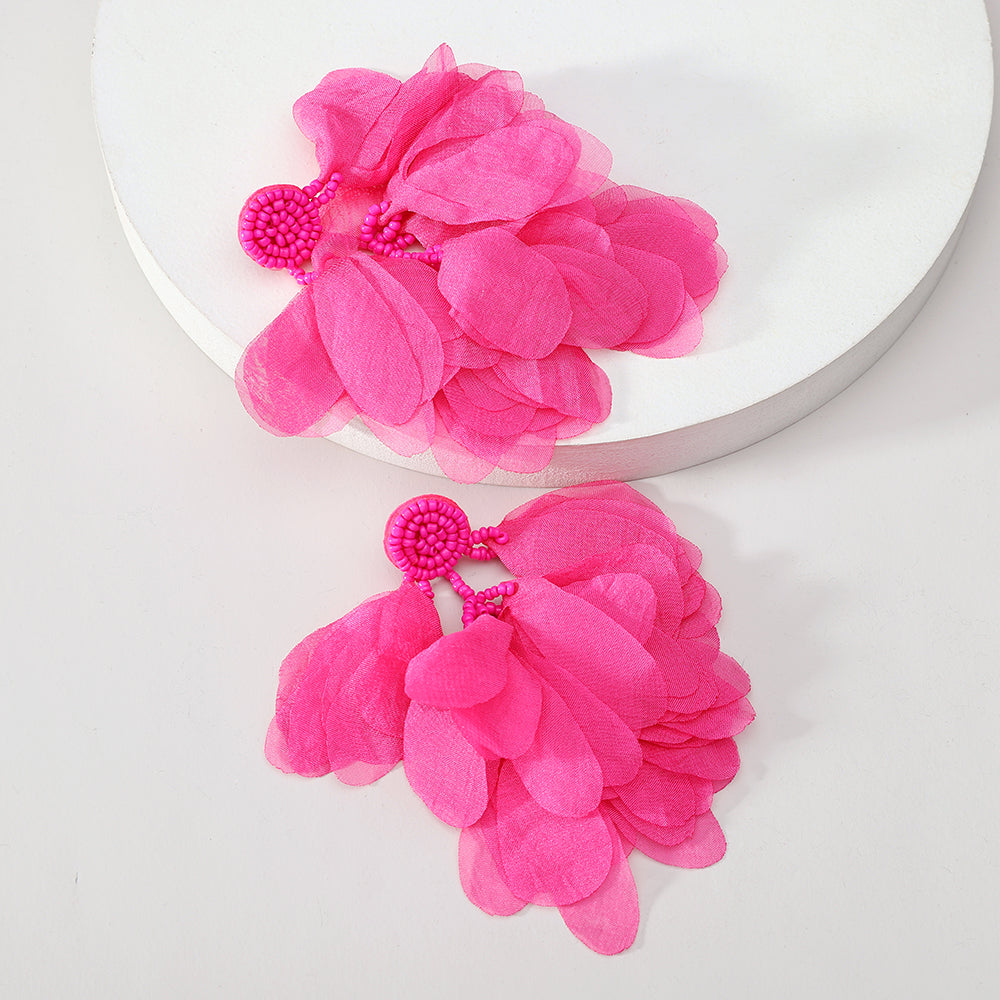 Lightweight Fluffy Chiffon Flower Multi-Layer Tassel Earrings For Women Handmade Bohemian Jewelry For Beach Vacation Summer Party