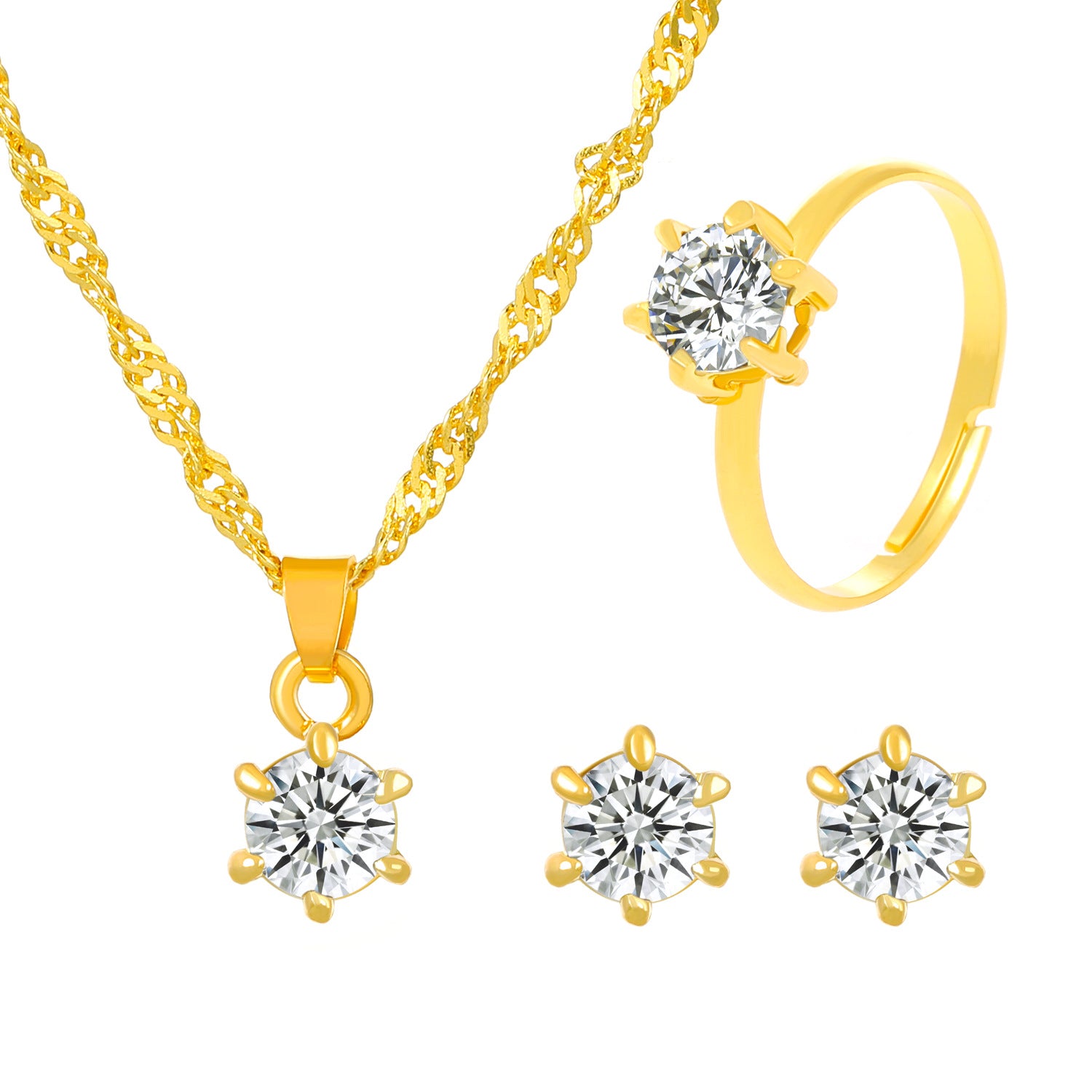 Women’s Cubic Zirconia Three-Piece Necklace, Earrings, and Ring Set - Wazzi's Wear