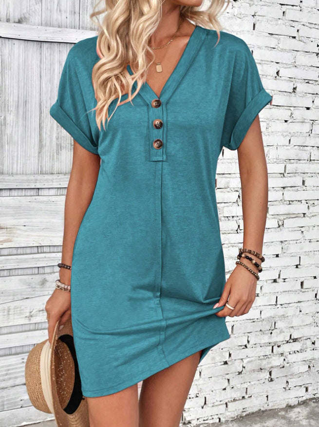 Women's Solid Colour Short Sleeve V-Neck Shirt Dress