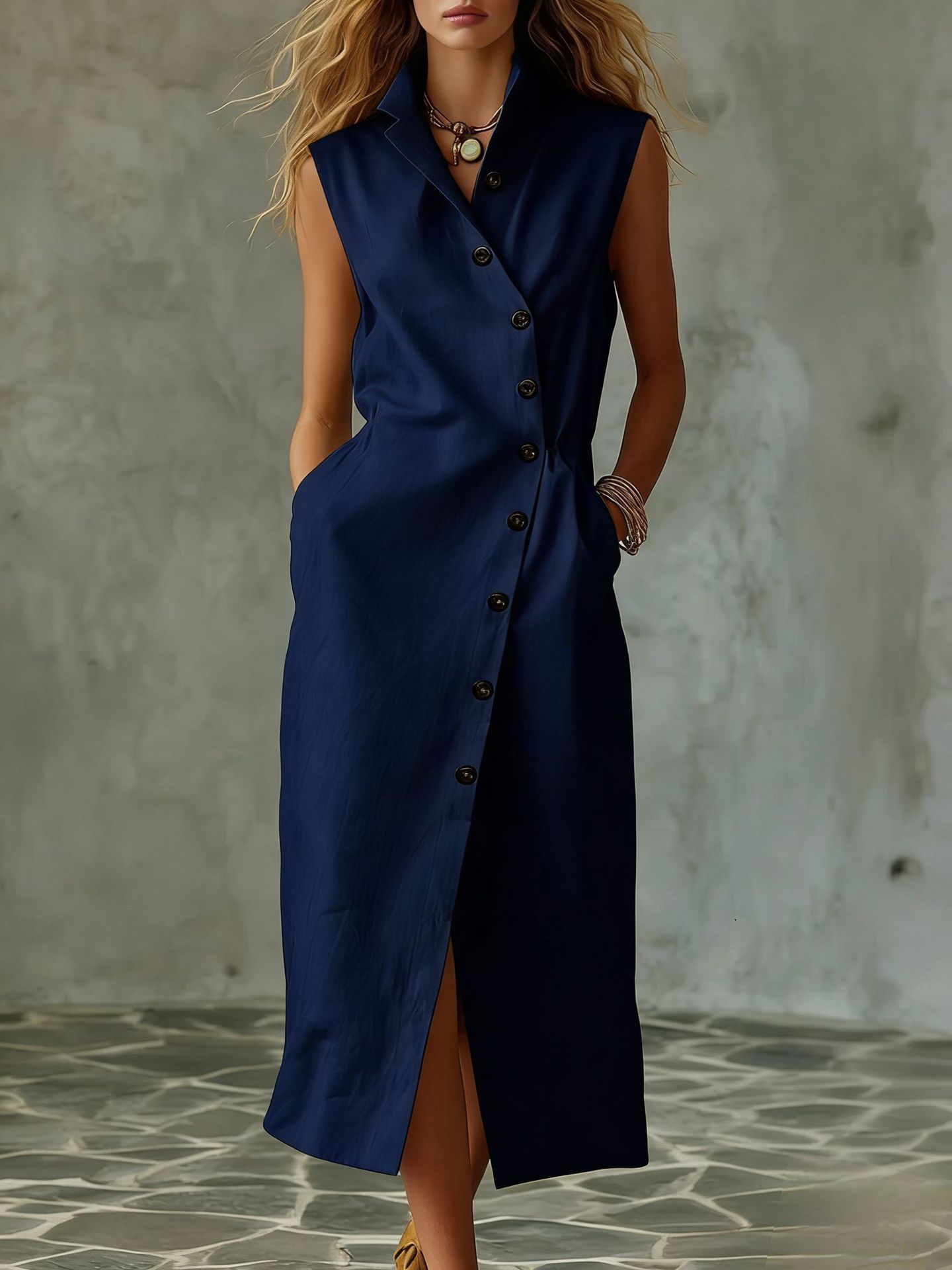 Slim-fit Elegant Single-breasted Dress With A Stand-up Collar For Women
