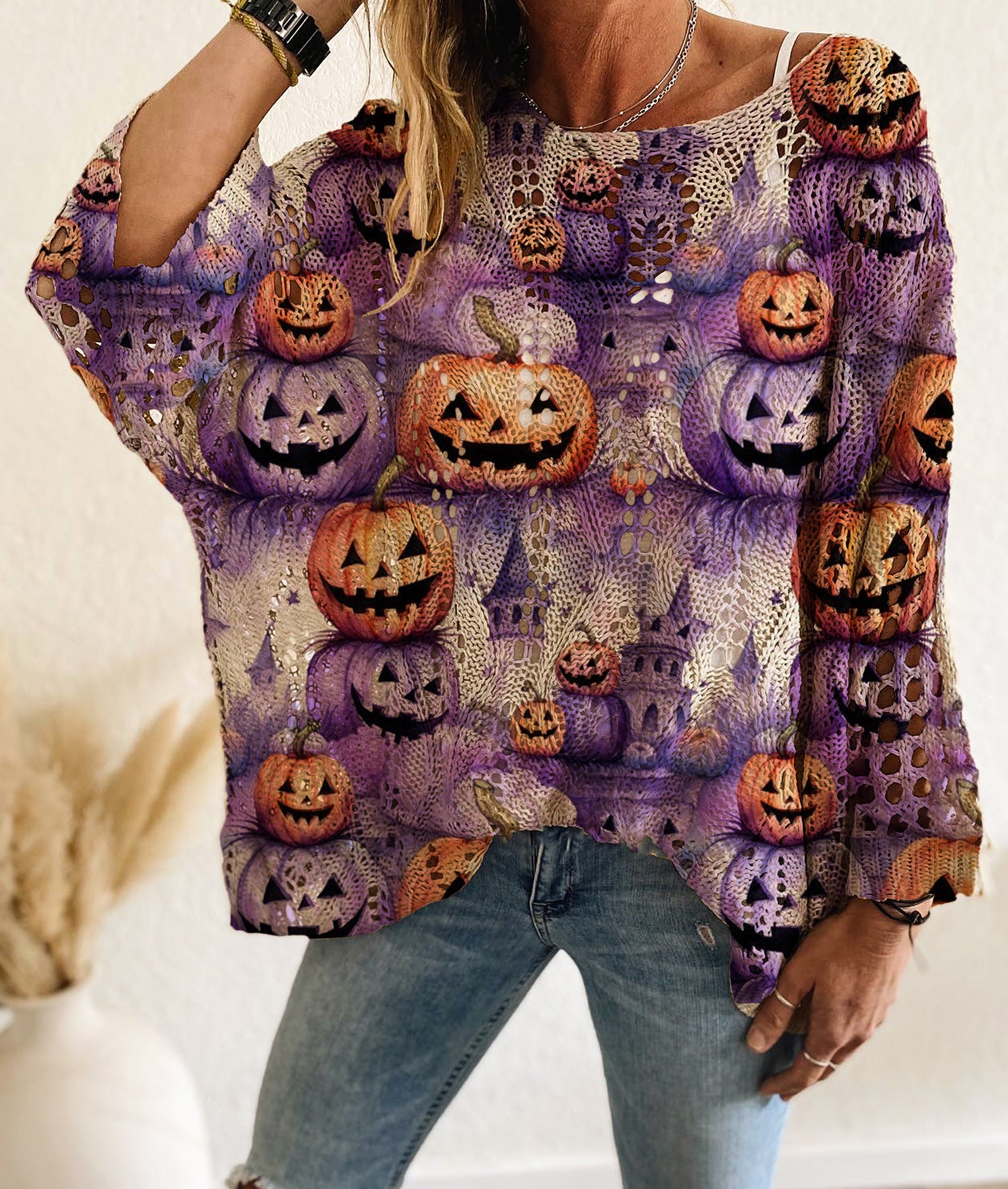 Four Seasons Off-neck Diamond Hollow Batwing Long Sleeve