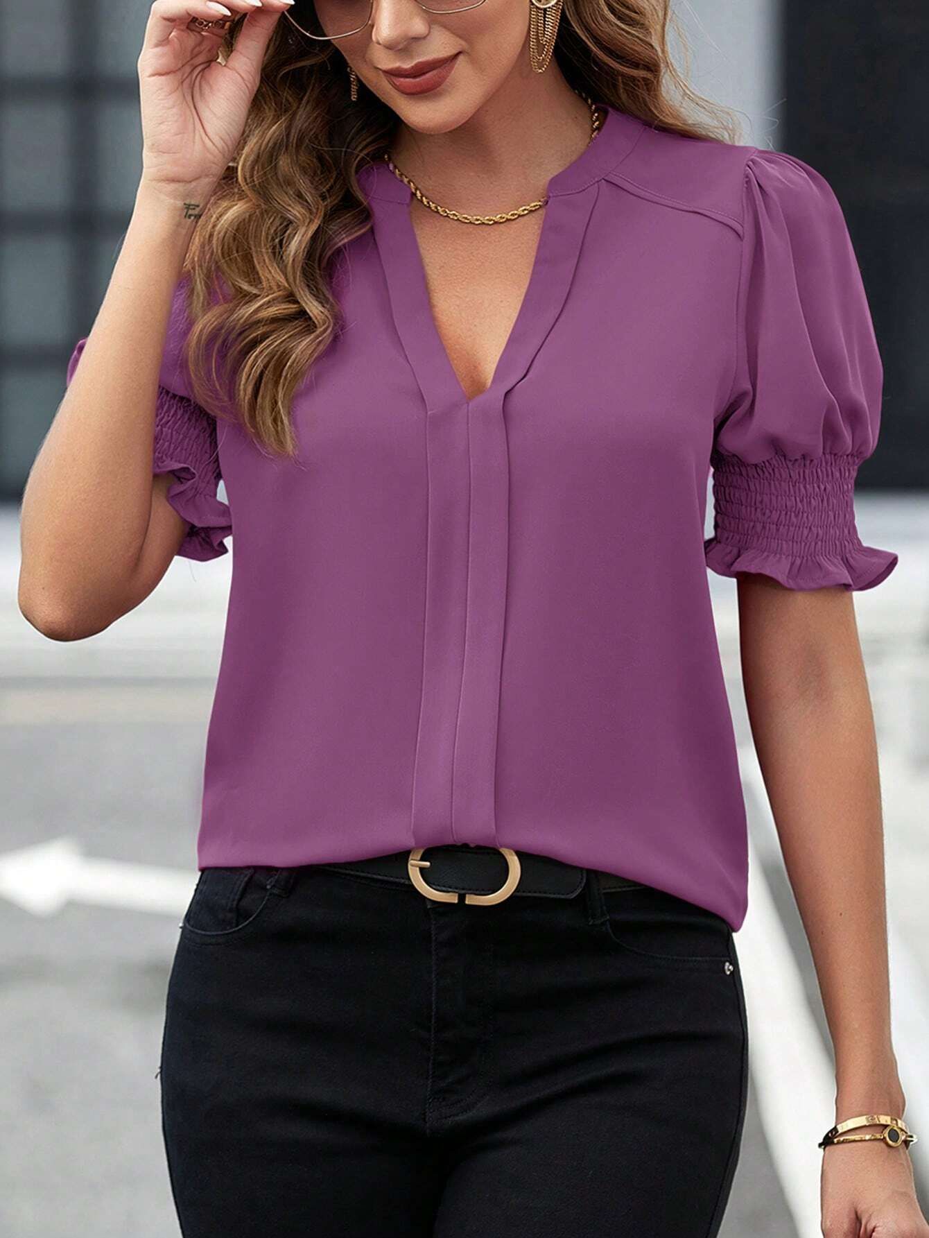 Women’s Solid Colour V-Neck Blouse with Short Puffed Sleeves