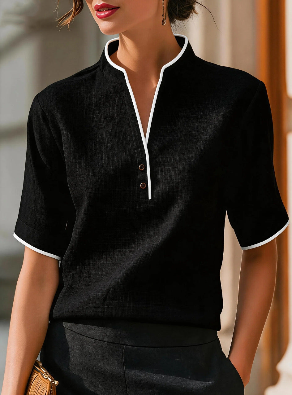 Summer Thin Small Stand Collar V-Neck Slimming Elegant Commuter Top
