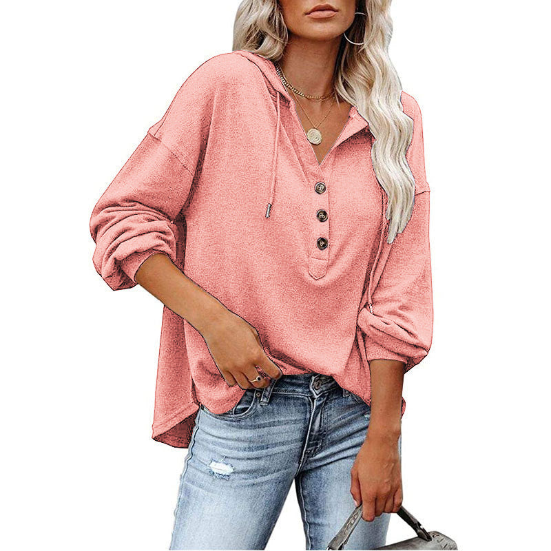 Women’s V-Neck Hooded Long Sleeve Shirt