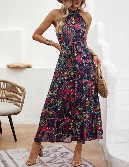 Vestido largo bohemio con cuello halter y cintura alta para mujer en 3 colores S-3XL