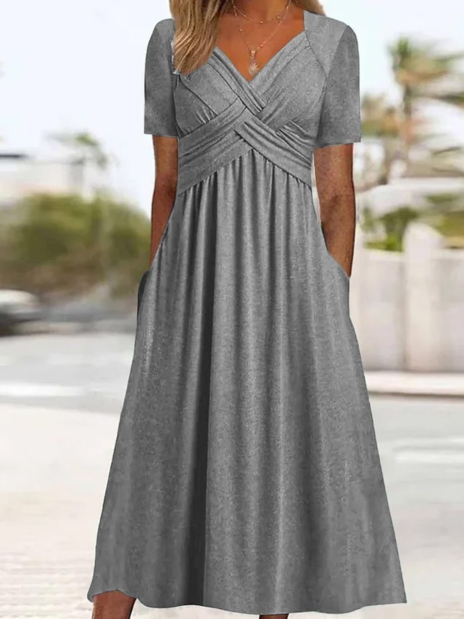Women's Criss-Cross V-Neck Short Sleeve Midi Dress with Pockets