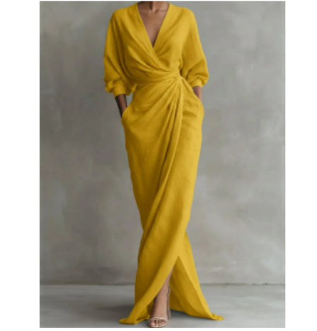 Womens V-neck Waist-cinching Dress