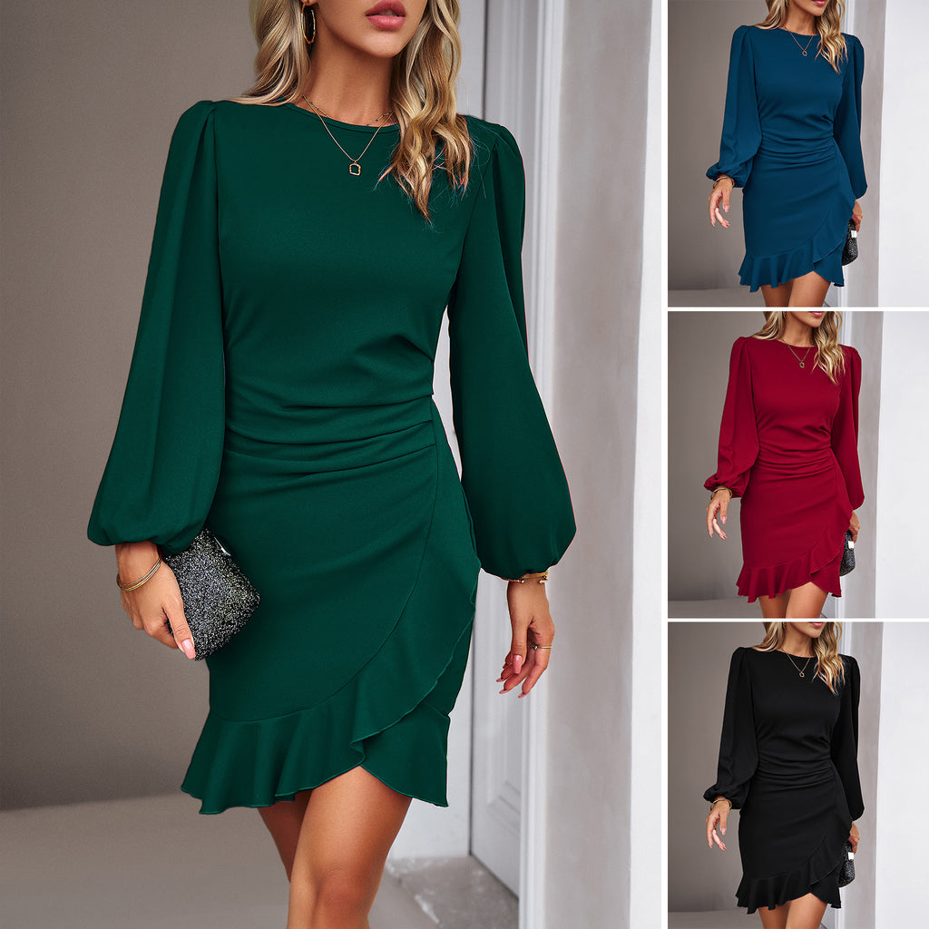Women's Ruffled Round Neck Dress with Long Balloon Sleeves in 4 Colors Sizes 4-18 - Wazzi's Wear