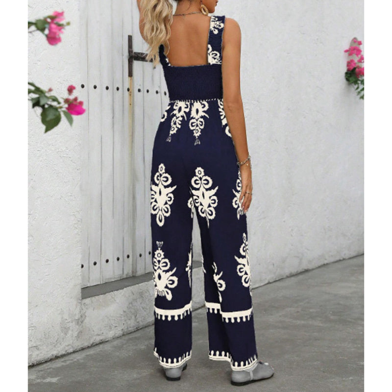 Women's Summer Boho Jumpsuits One Piece Beach Vacation Outfits Shirred Strap Wide Leg Pants Rompers With Pockets