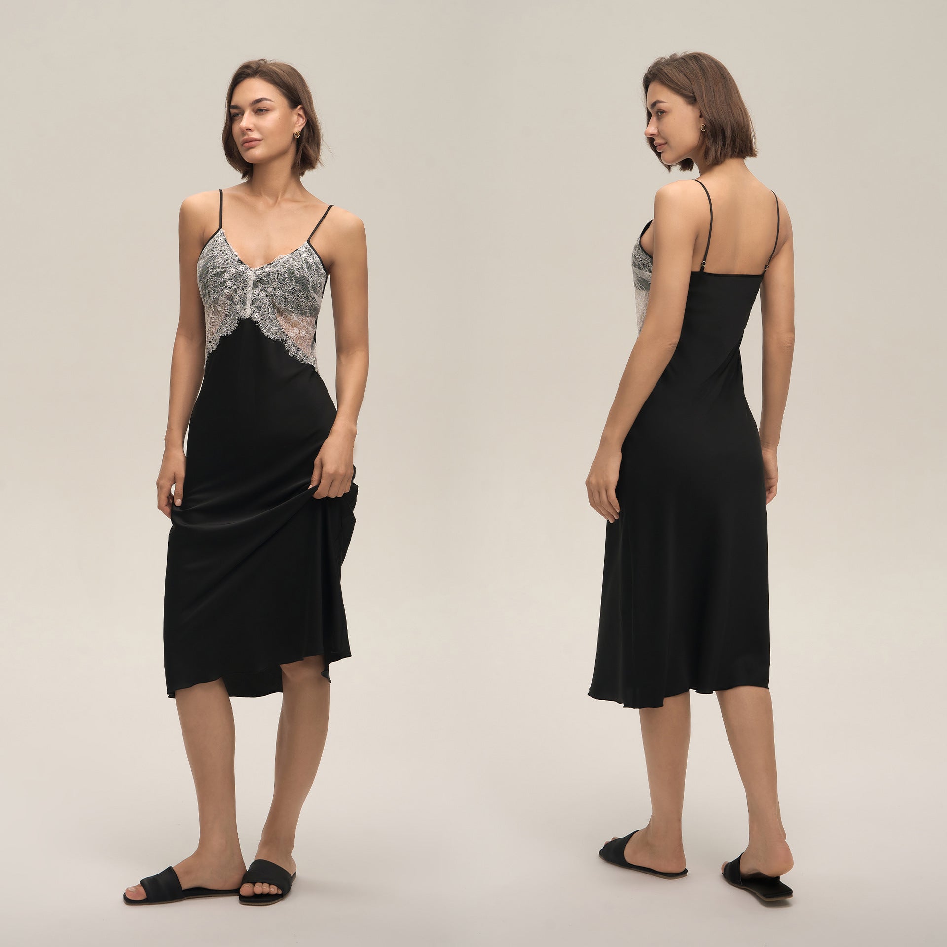 Satin-chiffon Lace Patchwork Slip Dress With A Backless Designperfect As Loungewear