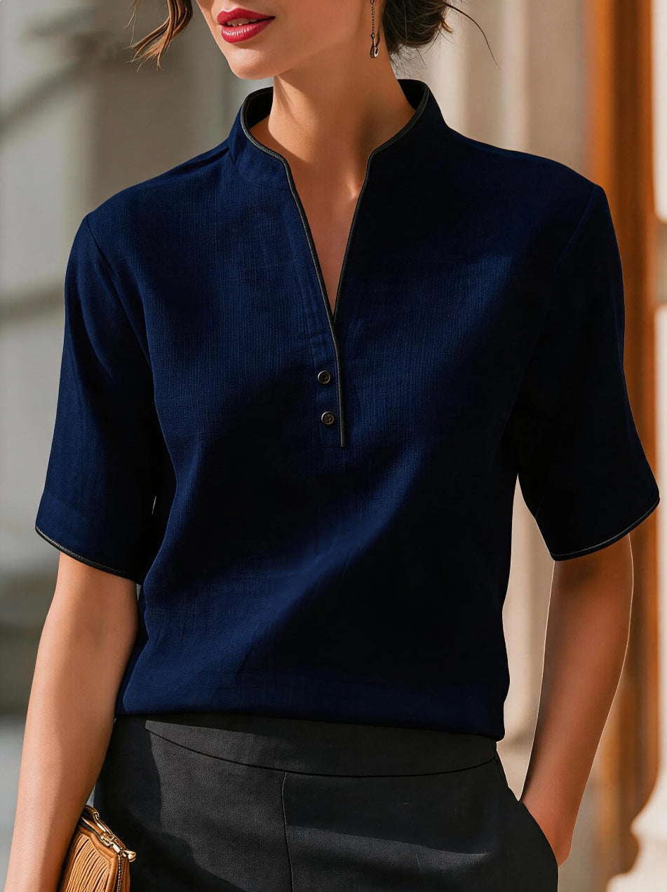 Summer Thin Small Stand Collar V-Neck Slimming Elegant Commuter Top