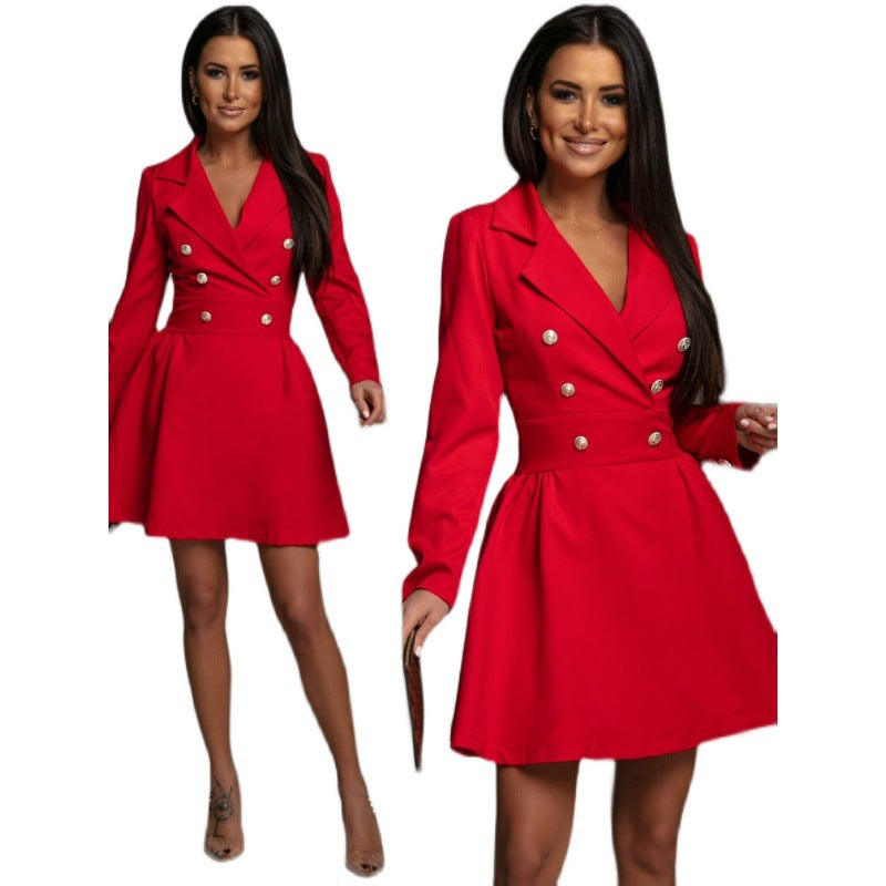 Women’s Double Breasted Lapel Dress with Long Sleeves in 2 Colors S-2XL - Wazzi's Wear