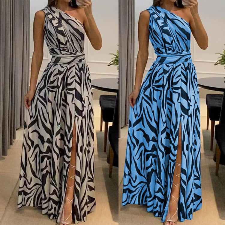 Women's One Shoulder Sleeveless Printed Maxi Dress in 3 Colors S-XXL - Wazzi's Wear