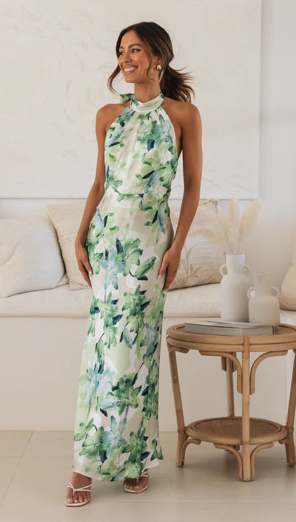 SpringSummer Floral Digital Print Sweet Halter Mid Length Dress