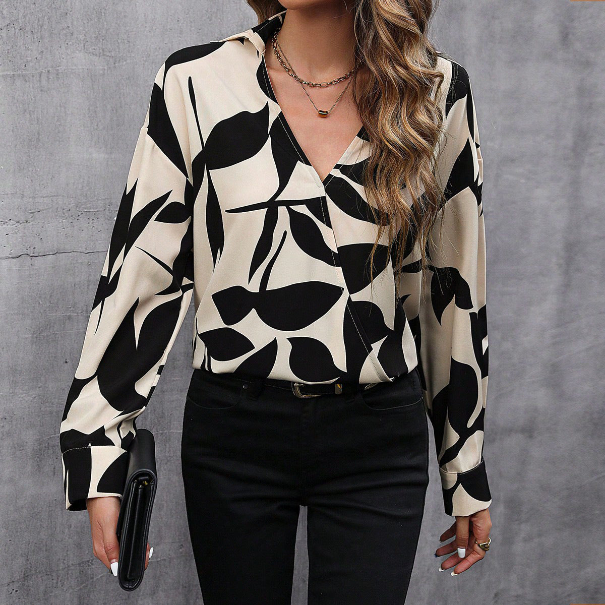 Printed V-Neck Long-Sleeve Loose Casual Fashion Top