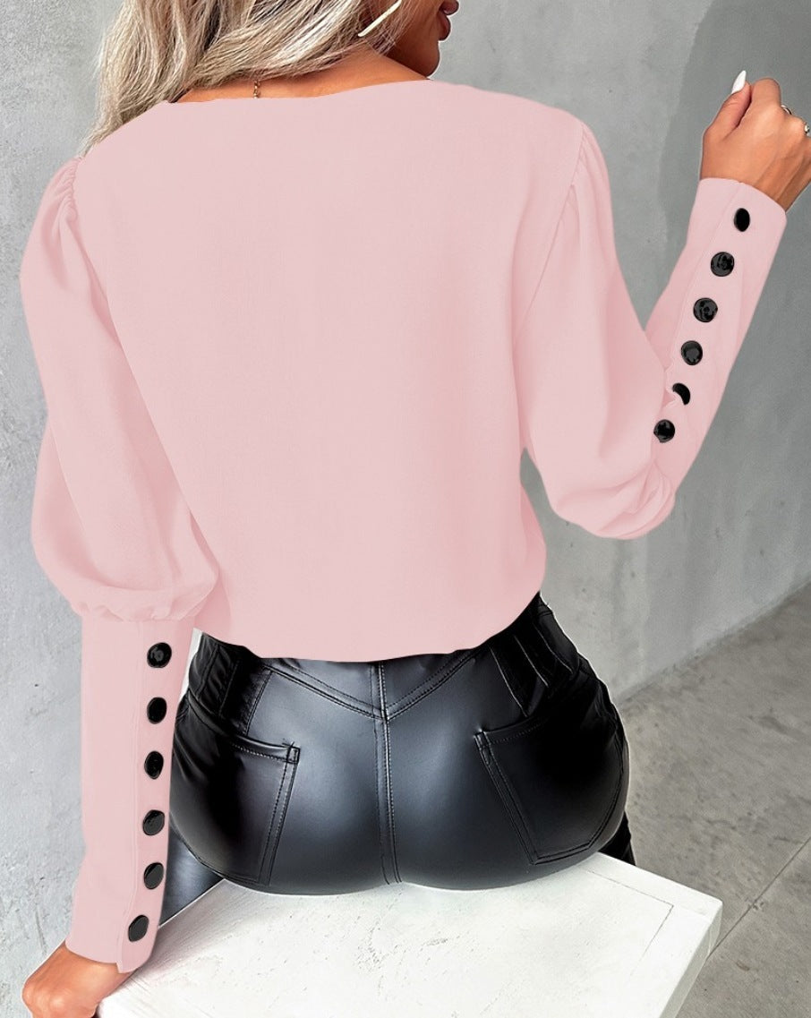 Women’s V-Neck Long Sleeve Blouse With Decorative Buttons