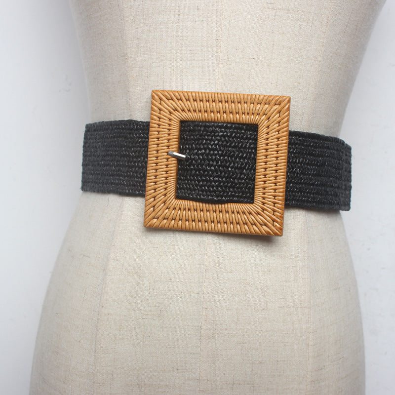 Women’s Braided Wide Belt with Square Buckle