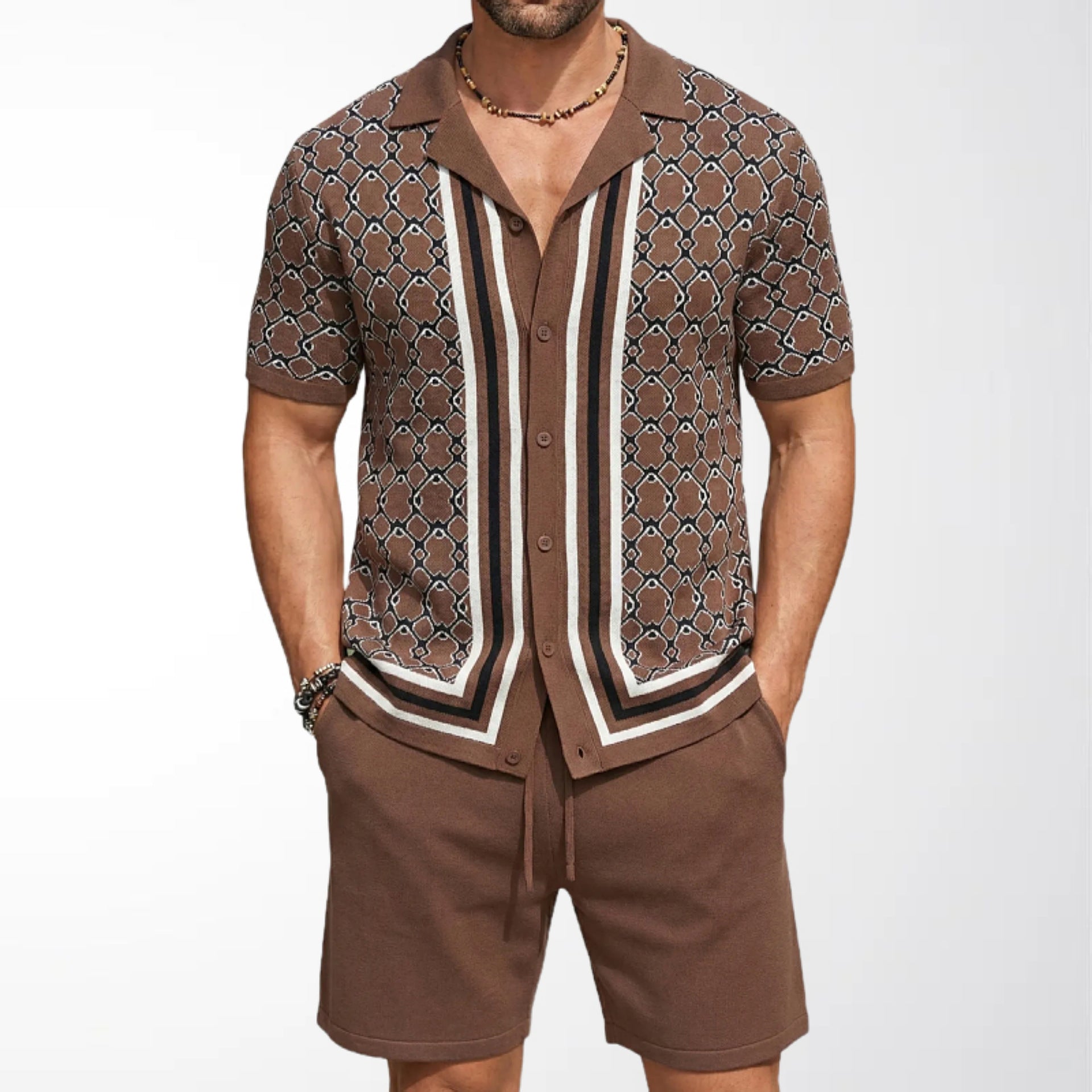 Geometric Jacquard Mens Cuban-Neck Knit Suit