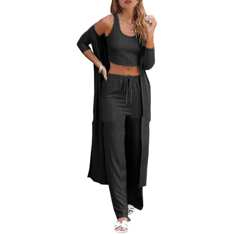 Vest Pants And Robe Three-piece Womens Loungewear Set