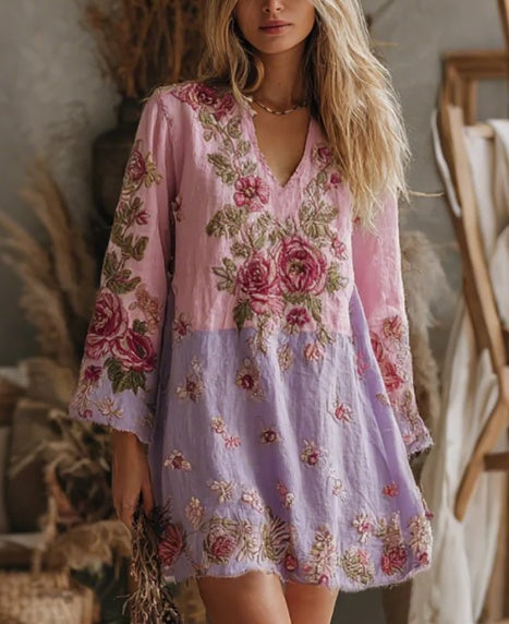 Color-blocked Rose Embroidered Casual V-neck Long-sleeved Short Dress