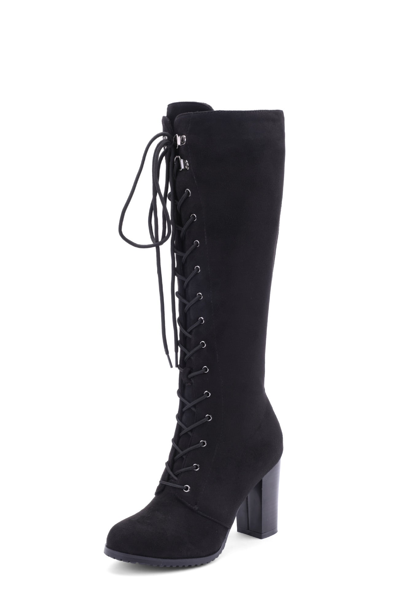 Women's Suede Front Lace High Heel Knee Length Boots