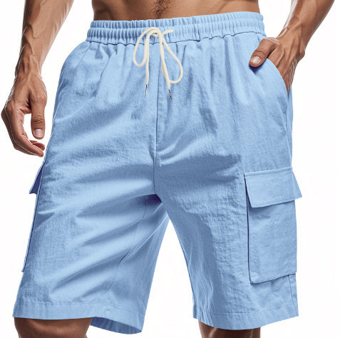 Men’s solid colour linen shorts with elastic waist and drawstring.