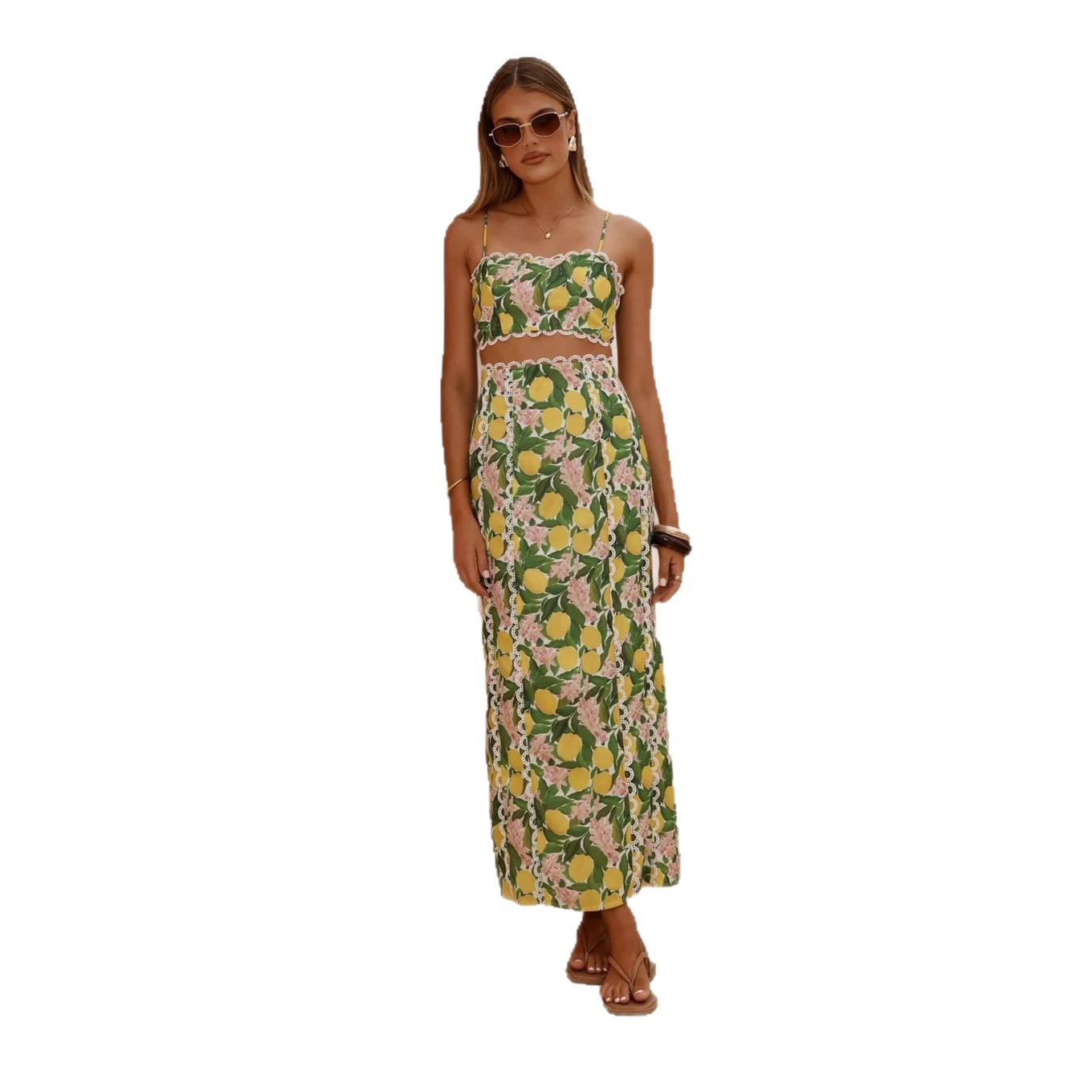 Personalized Fashionable Lace-trimmed Camisole Linen Split Set