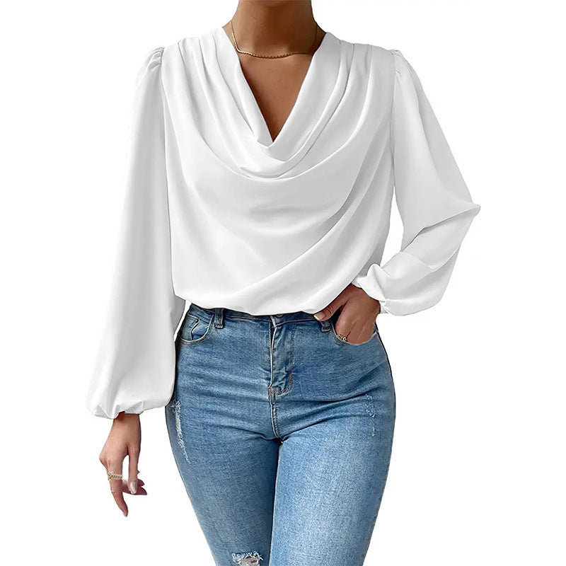 Women’s Elegant Chiffon Cowl Neck Long Sleeve Blouse