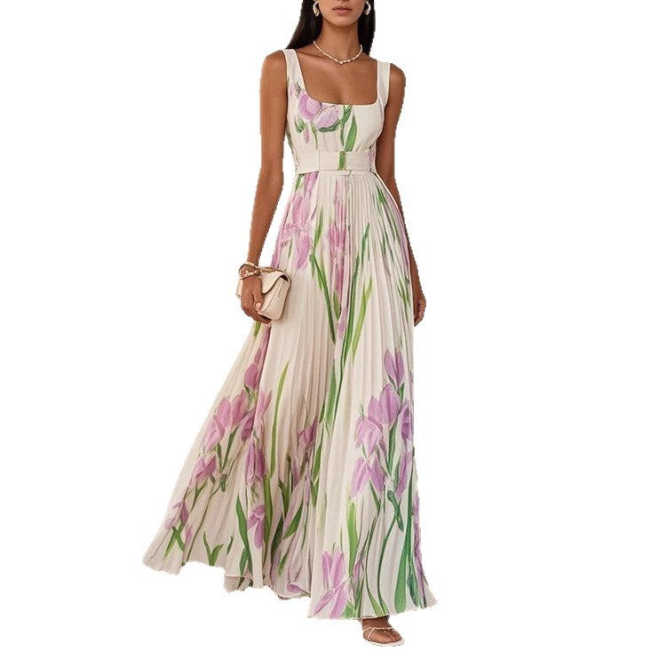 European And American Pleated Printing Dress