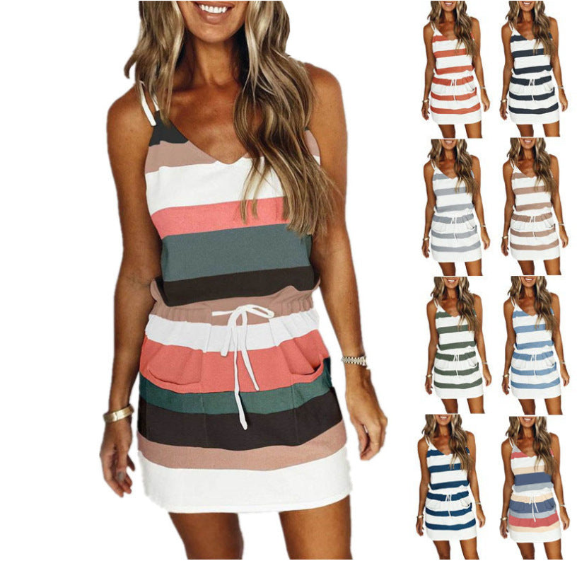 Women’s Sleeveless Striped Drawstring Mini Dress in 12 Colors S-3XL - Wazzi's Wear