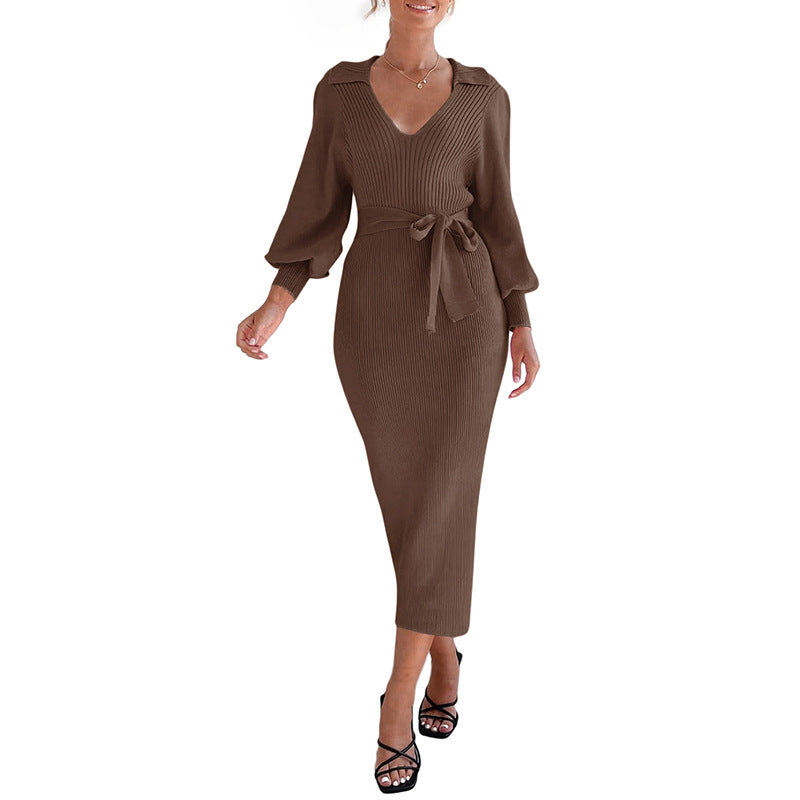 Elegant Retro Lightly Mature Lantern Sleeve V-neck Solid Color Knitted Sweater Dress
